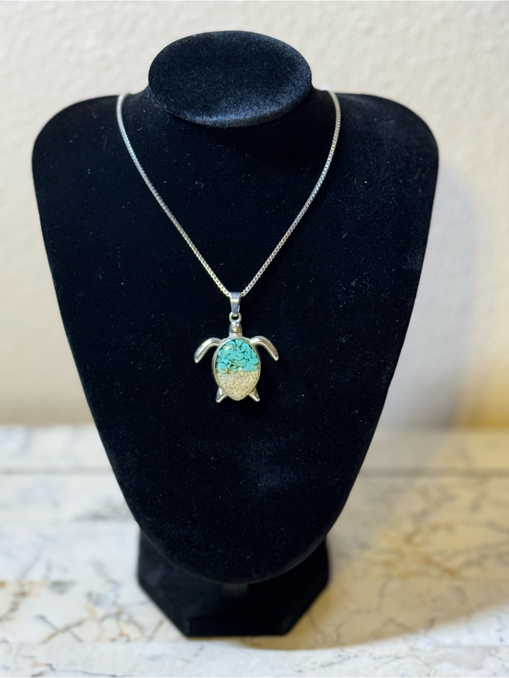Turtle Pendant Necklace with Turquoise Inlay